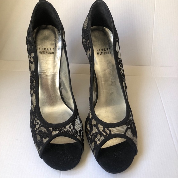Stuart Weitzman Guipure Lace Heels Open Toe Black Size 39.5 Slip On - Picture 3 of 9